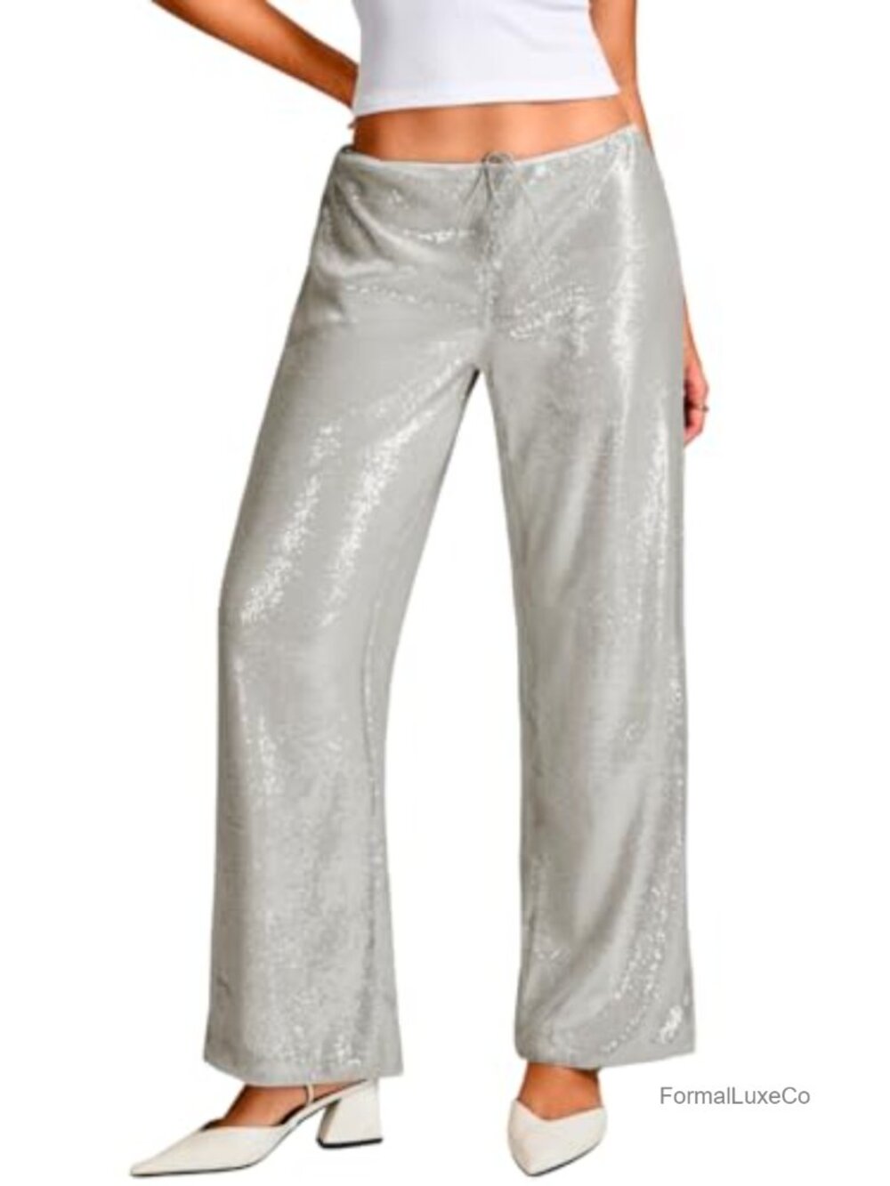 Low Rise Sequin Pants Wide Leg Sparkly Dance Party Glitter Bottoms